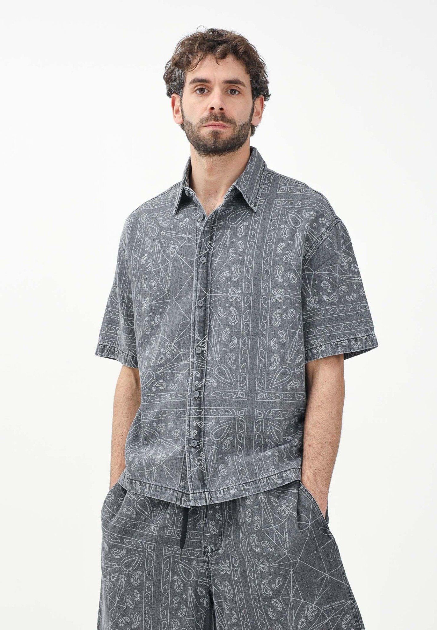 Armani Exchange - Áo sơ mi nam AX Men's Grey Short Sleeve Shirt with Bandana Pattern