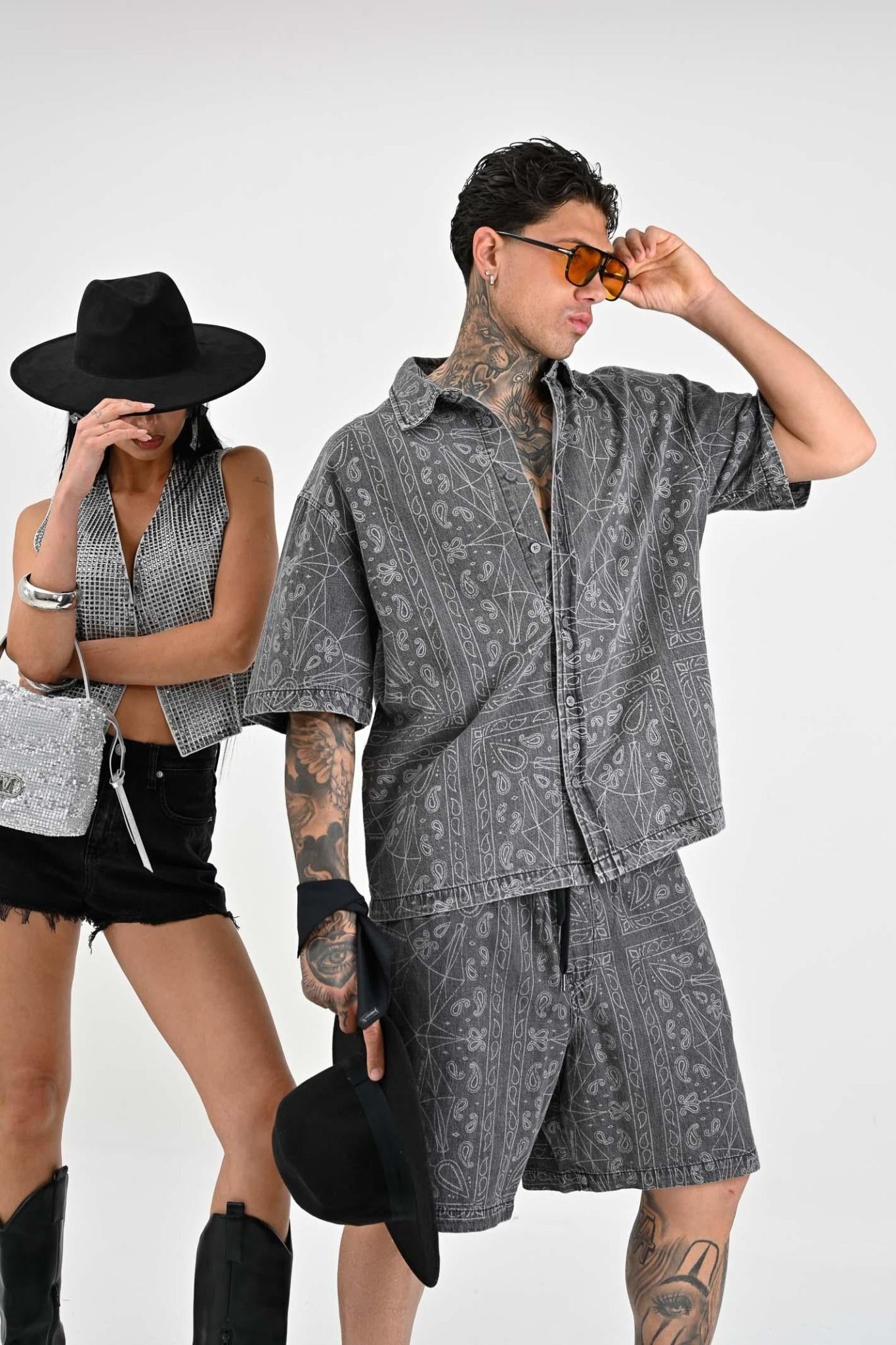 Armani Exchange - Áo sơ mi nam AX Men's Grey Short Sleeve Shirt with Bandana Pattern