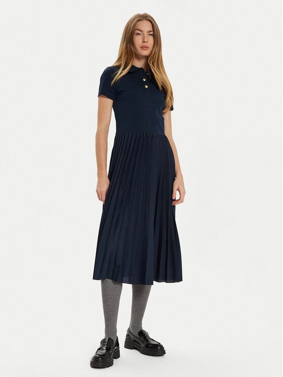 Tommy Hilfiger - Đầm polo tay ngắn nữ Women's Navy Blue Gold Btn Mix Polo Dress