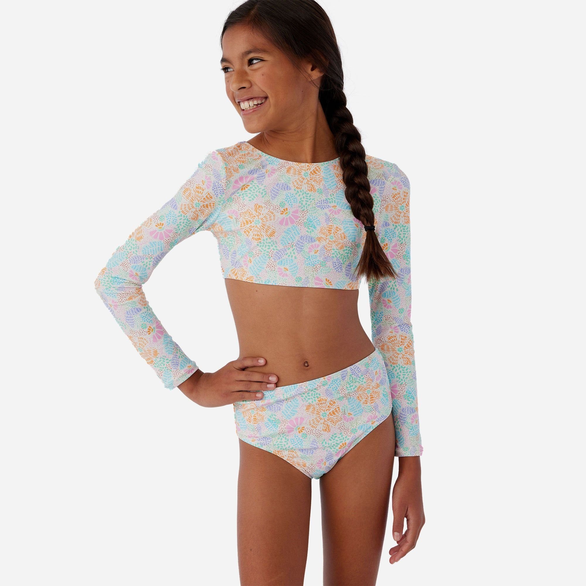 Oneill - Đồ bơi bikini bé gái Girls' Piper Floral Long Sleeve Crop Top Set
