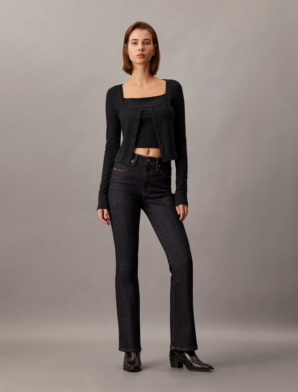 Calvin Klein - Áo khoác len CK nữ Premium Rib Cropped Slim Cardigan