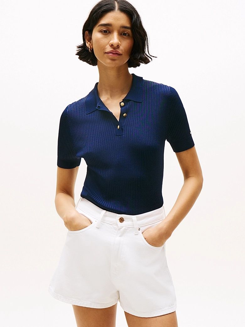 Tommy Hilfiger - Áo polo tay ngắn nữ Ribbed Short Sleeve Polo Jumper