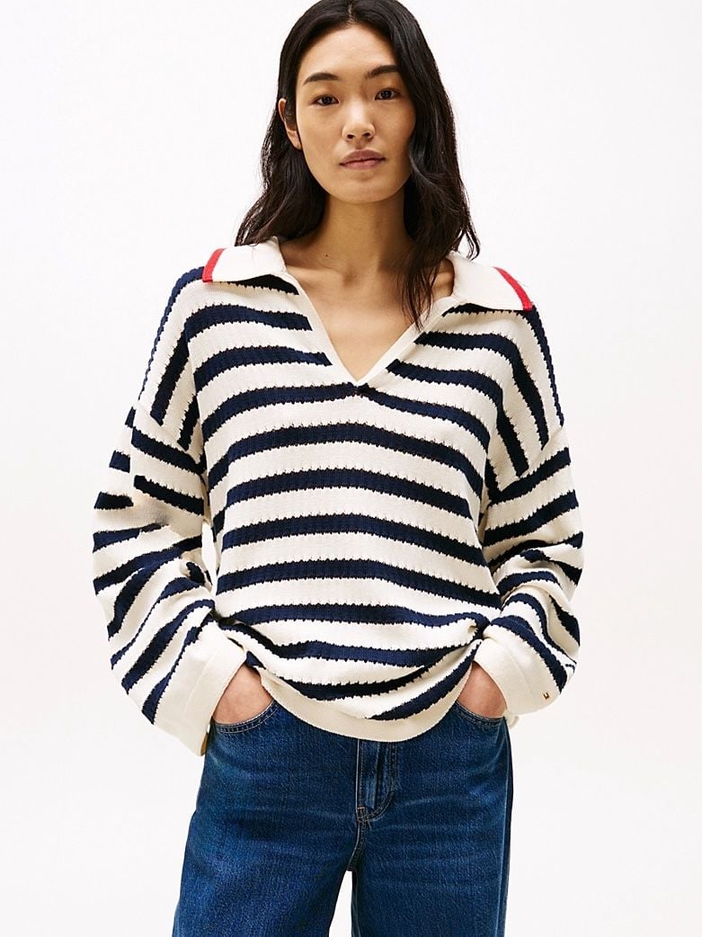 Tommy Hilfiger - Áo len tay dài nữ Stripe Pointelle Long Polo Sweater