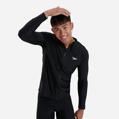 Speedo - Áo bơi tay dài nam Long-Zip Sun Top Black Swimming