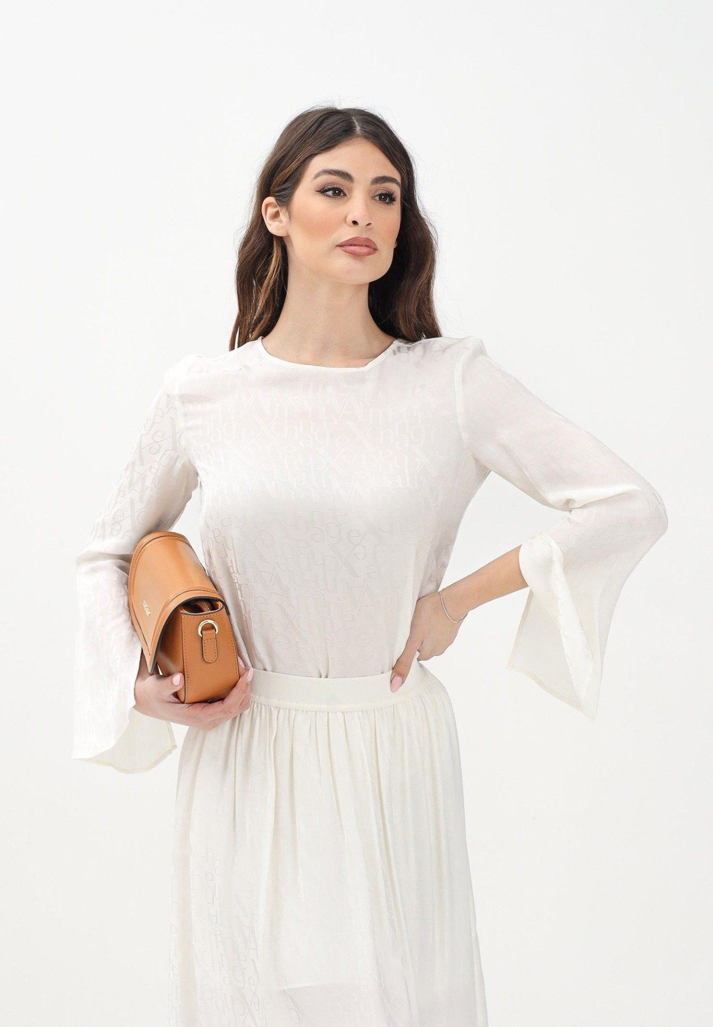 Armani Exchange - Áo thời trang tay dài Nữ Ax Women's Ivory Blouse with Logo Print