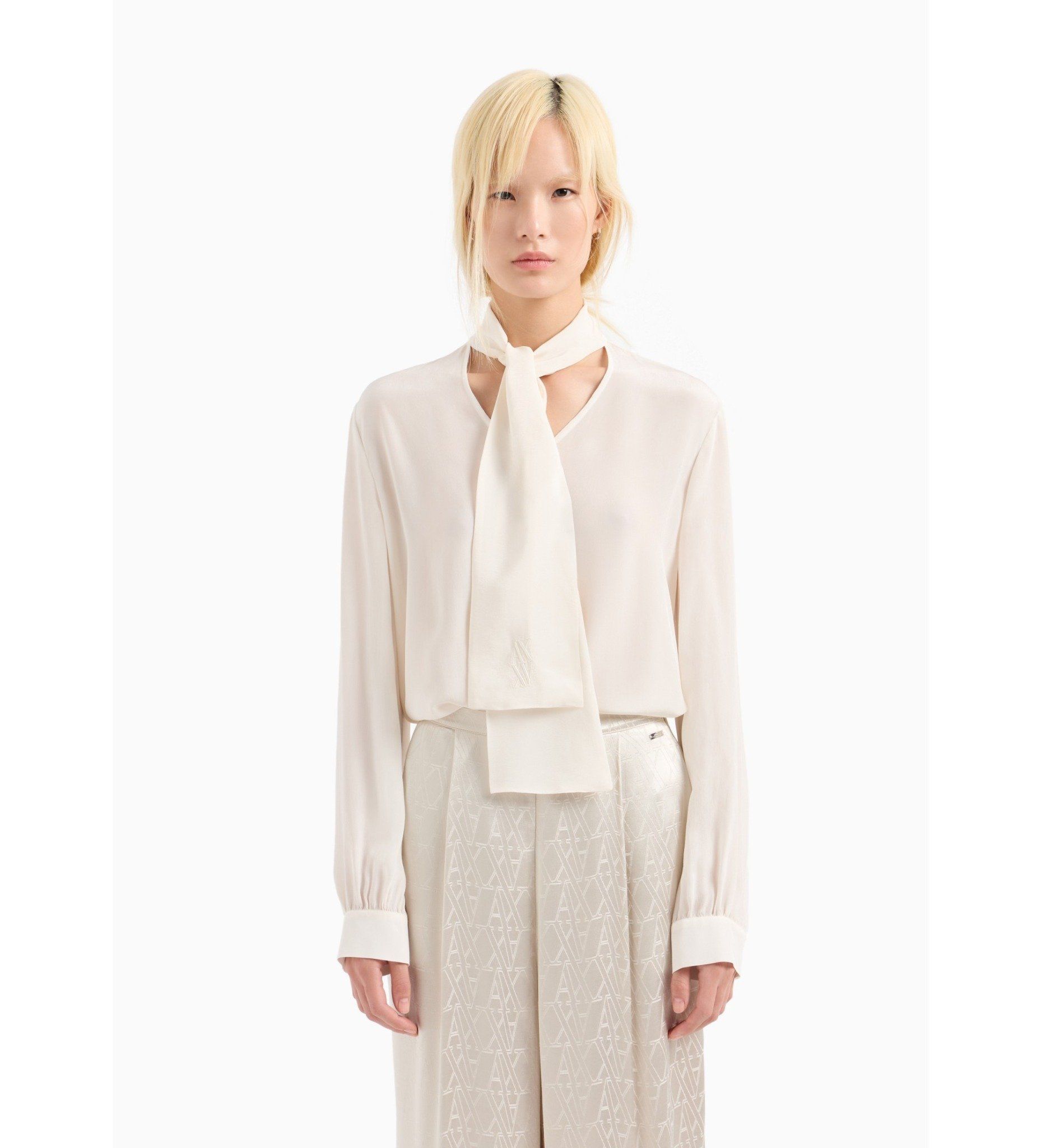 Armani Exchange - Áo blouse tay dài nữ V-neck blouse white