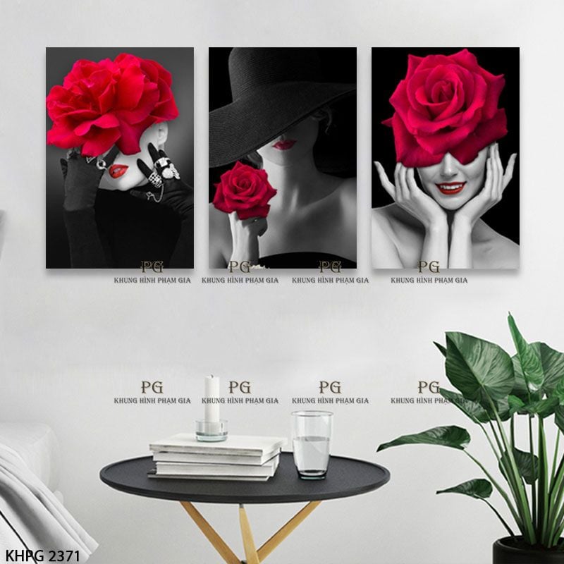 Set3] Tranh Canvas treo tường Cô gái & Hoa hồng đỏ trang trí phòng ...