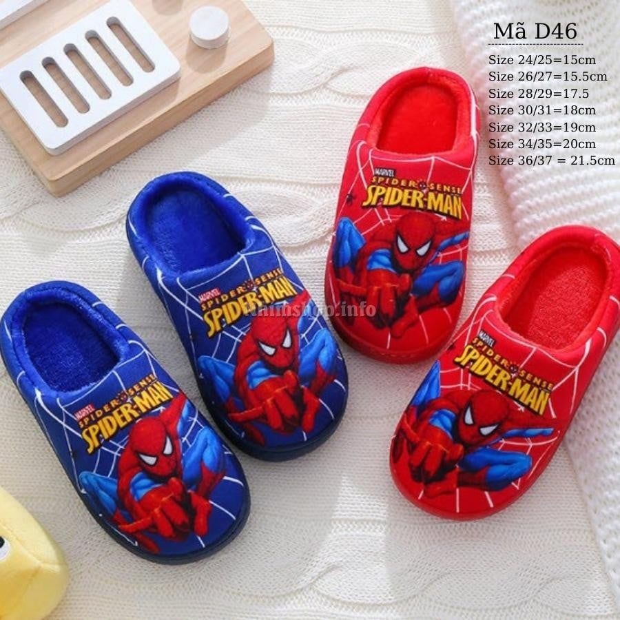Dép bông cho bé trai 2 - 10 tuổi đi trong nhà hình siêu nhân spiderman lót lông ấm áp và cá tính D46