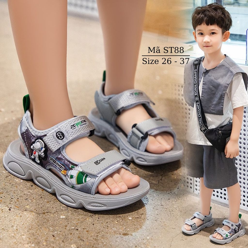 Dép sandal bé trai 3-12 tuổi in hình phi hành gia màu ghi xám thời trang quai hậu đi học đi chơi phong cách Hàn Quốc ST88