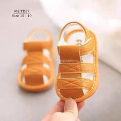 Dép sandal tập đi bé trai bé gái 0 - 18 tháng màu nâu da bò quai dán da mềm đế cao su chống trơn trượt có còi tiếng kêu chíp chíp thời trang cho trẻ em TD57