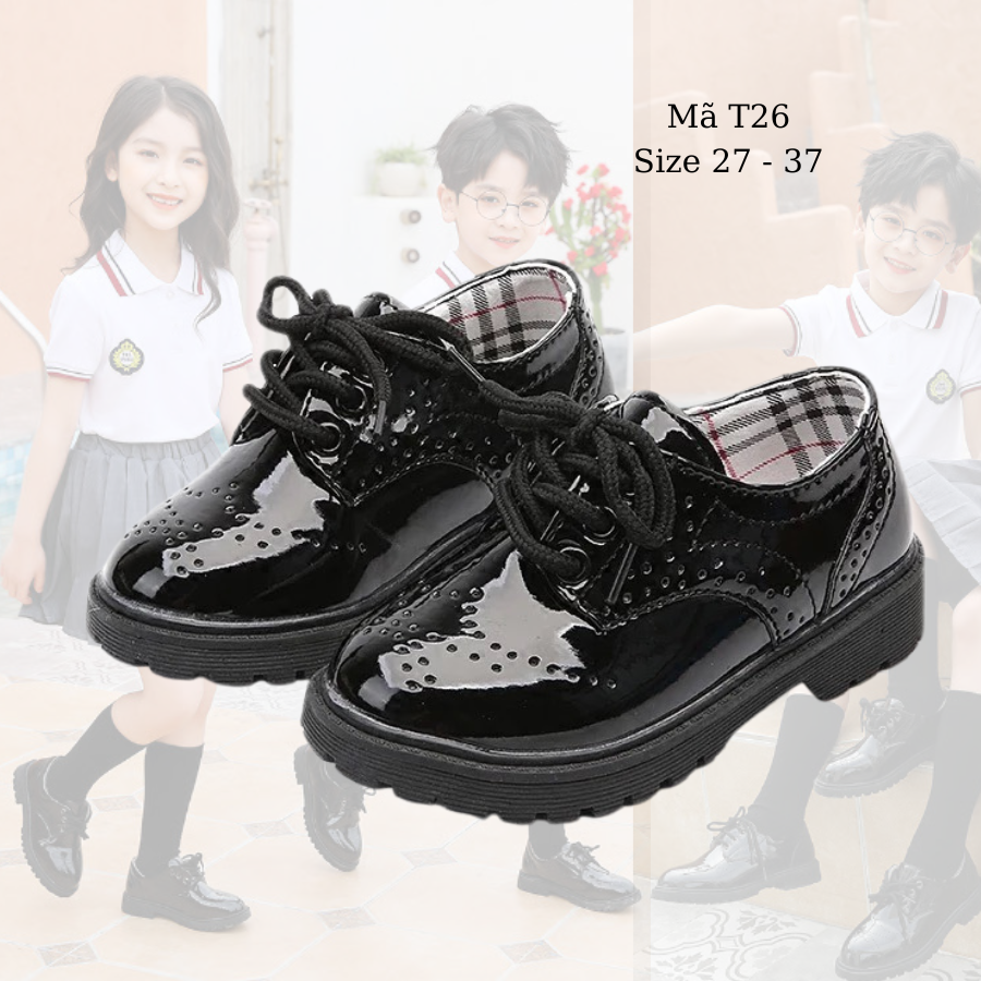 Giày mặc vest cho bé trai 3 - 12 tuổi da bóng sang trọng lịch sự đồng phục Vinschool đi học đi tiệc chụp lookbook kỉ yếu sang trọng lịch sự T26