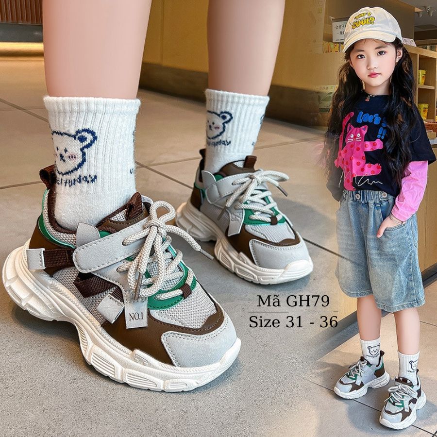 Giày thể thao bé gái 6 - 12 tuổi xám ghi thời trang siêu nhẹ năng động cá tính phong cách Hàn Quốc GH79