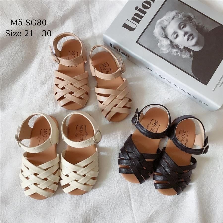 Sandal bé gái MGBABY da mềm đế êm quai đan chéo dép rọ bít mũi búp bê tiểu thư 3 màu đen be trắng 1 - 6 tuổi phong cách SG80