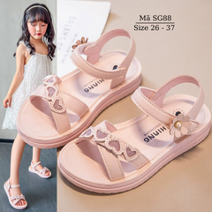 Sandal Bé Gái - Dép Quai Hậu Học Sinh Tiểu Trung Học 3 - 12 Tuổi Quai Chéo Đính Trái Tim Hồng Xinh Xắn SG88