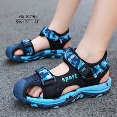 Sandal bít mũi cho bé trai 6 - 12 tuổi êm nhẹ chống trơn xanh loang đen phong cách thể thao cá tính đi học đi chơi ST96