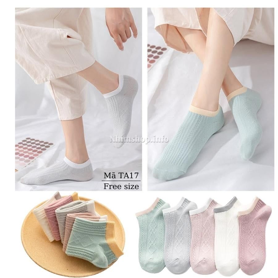 Combo 5 đôi tất nữ cổ ngắn chất liệu cotton mềm co giãn tốt họa tiết gân trơn dễ thương cho mẹ và bé gái mùa hè TA17