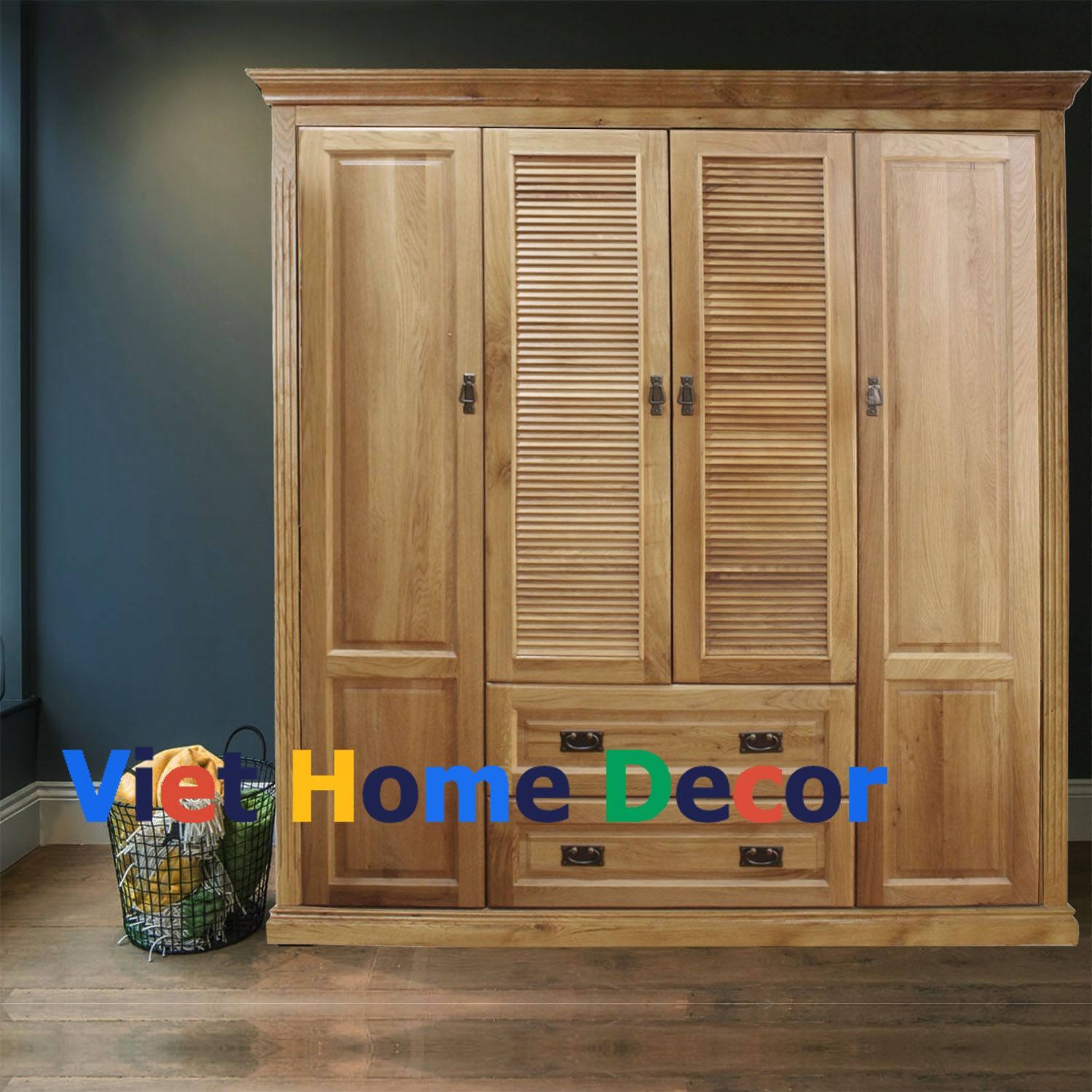 Tủ áo sồi lá sách 4 cánh 2 ngăn kéo-Oak Wardrobe #9171