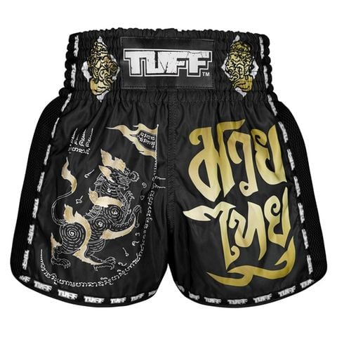 Quần TUFF Muay Thai Boxing Shorts New Retro Style Black Singha Yantra with War Flag