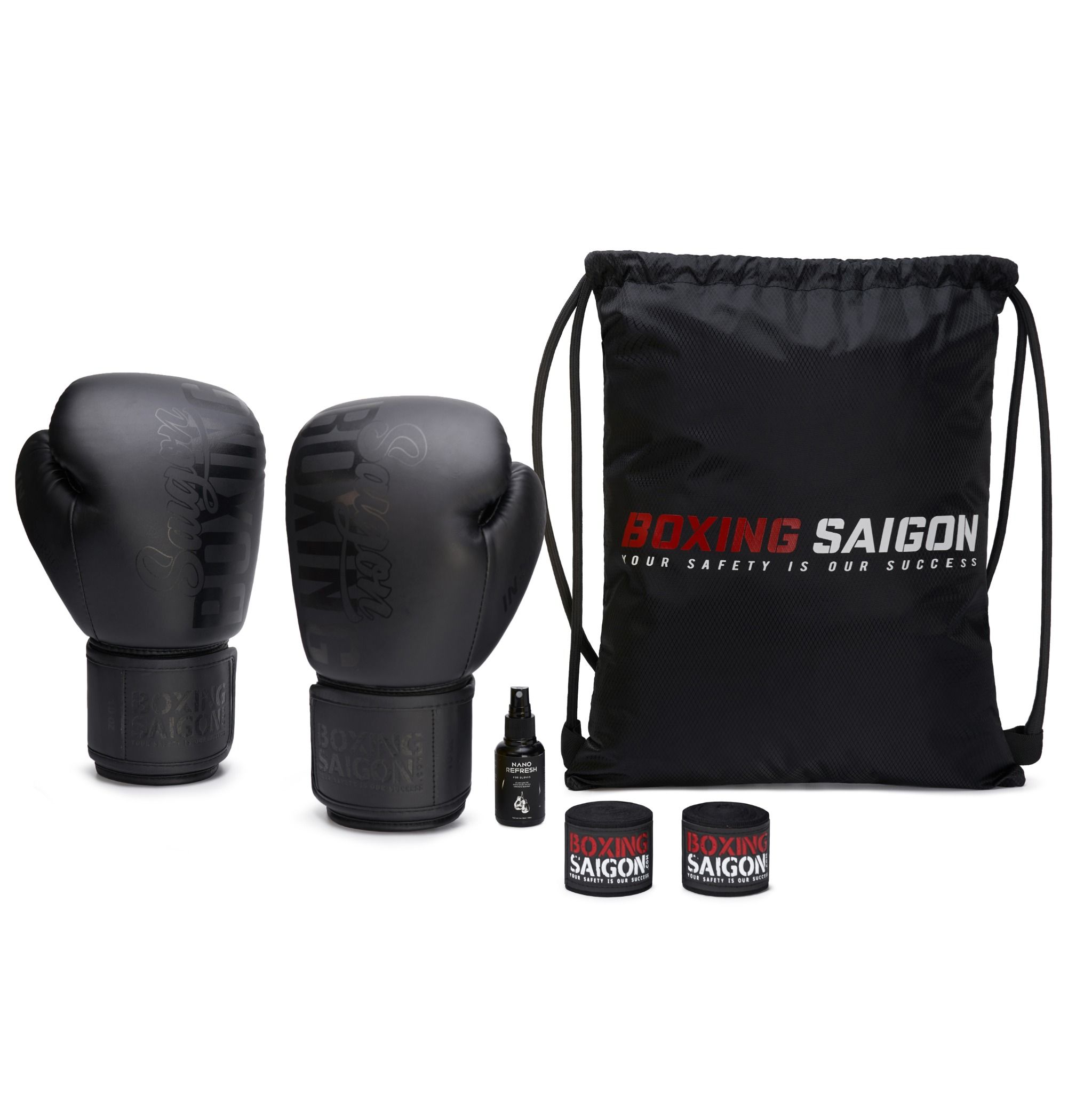 Combo Găng Tay Boxing Saigon + Băng Quấn Tay 4m5 + Túi Rút + Xịt khử mùi