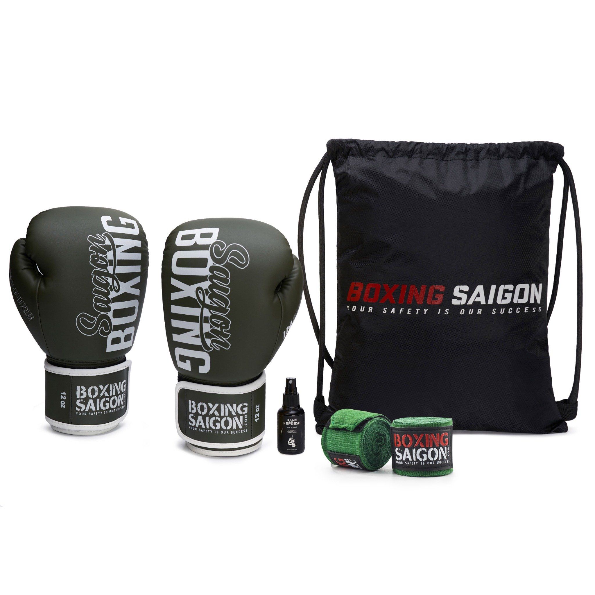 Combo Găng Tay Boxing Saigon + Băng Quấn Tay 4m5 + Túi Rút + Xịt khử mùi