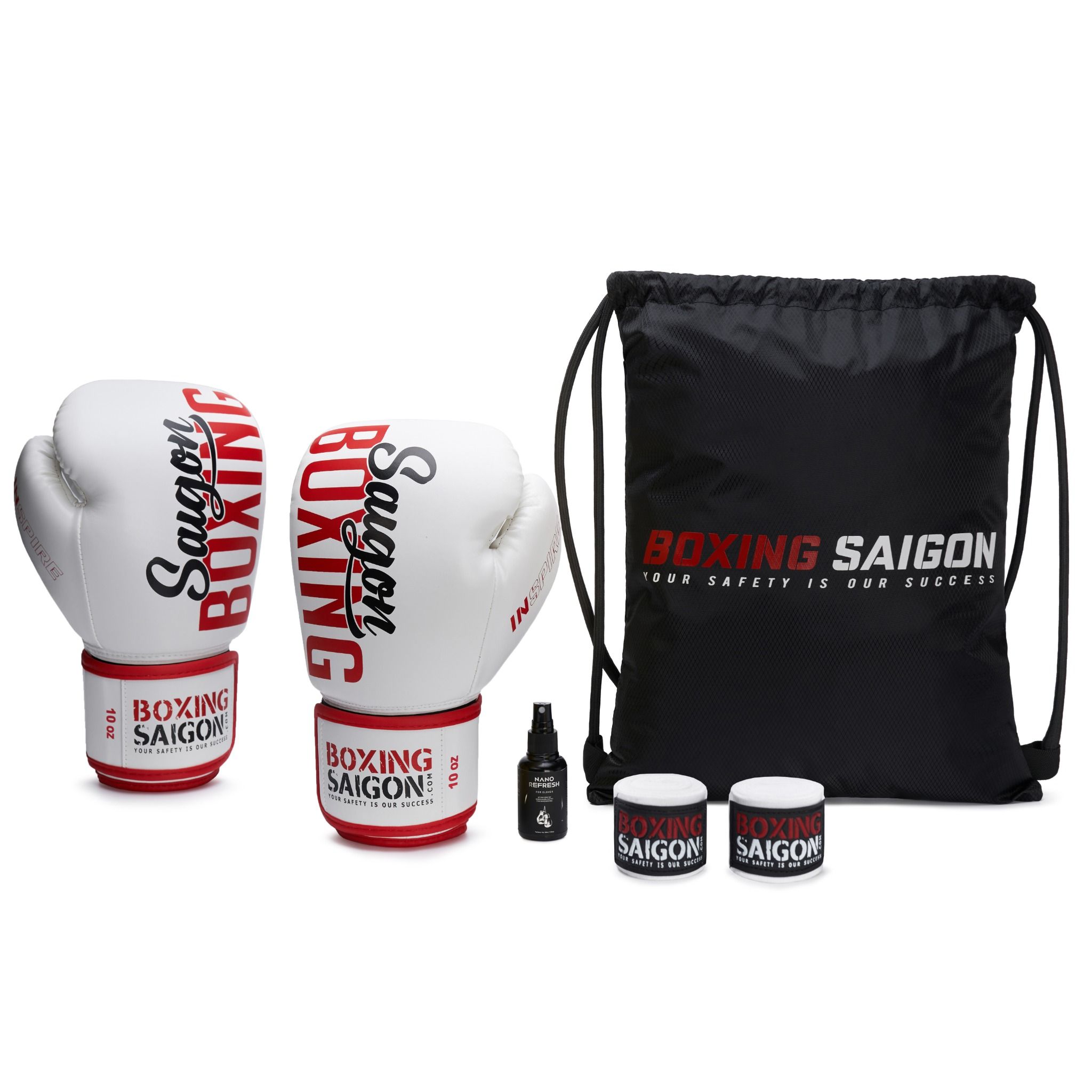 Combo Găng Tay Boxing Saigon + Băng Quấn Tay 4m5 + Túi Rút + Xịt khử mùi