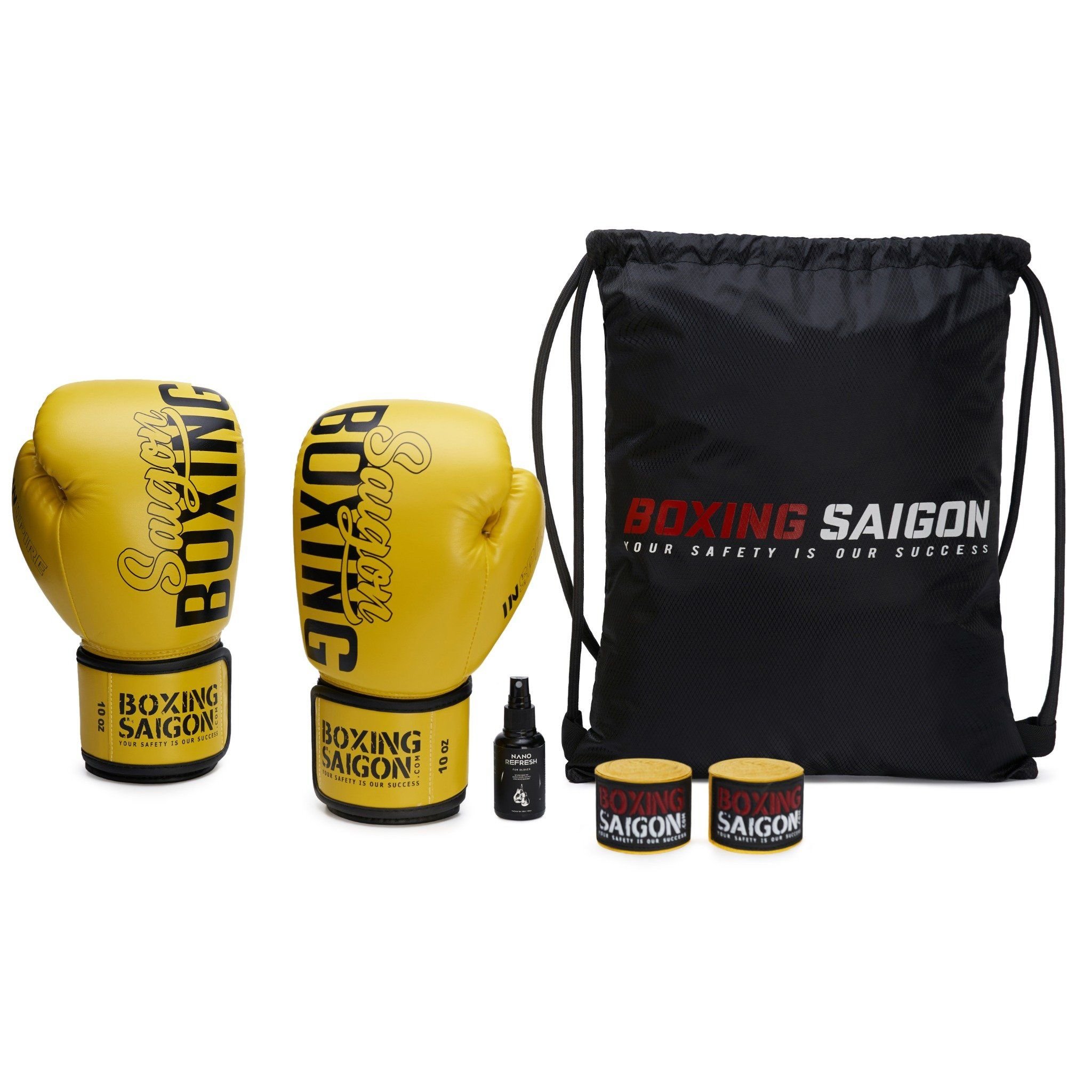 Combo Găng Tay Boxing Saigon + Băng Quấn Tay 4m5 + Túi Rút + Xịt khử mùi