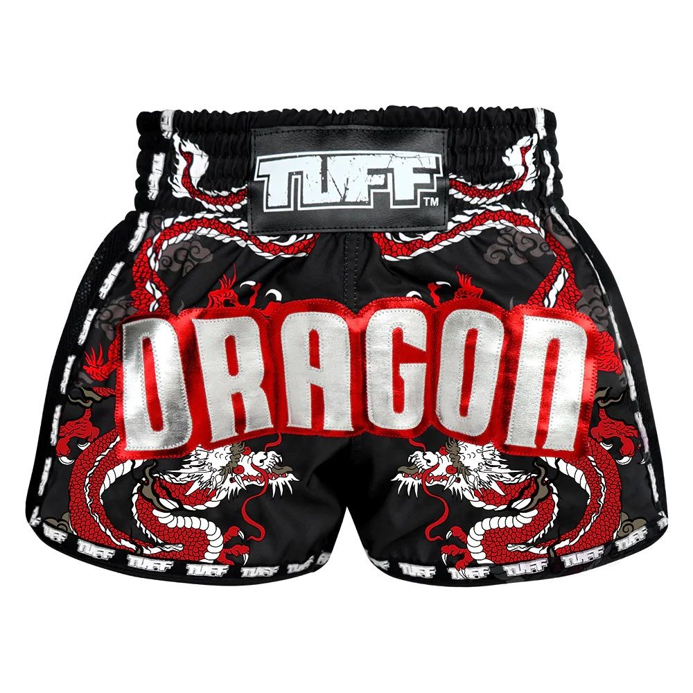 Quần TUFF Muay Thai Boxing Shorts New Retro Style Black Chinese Dragon with Text