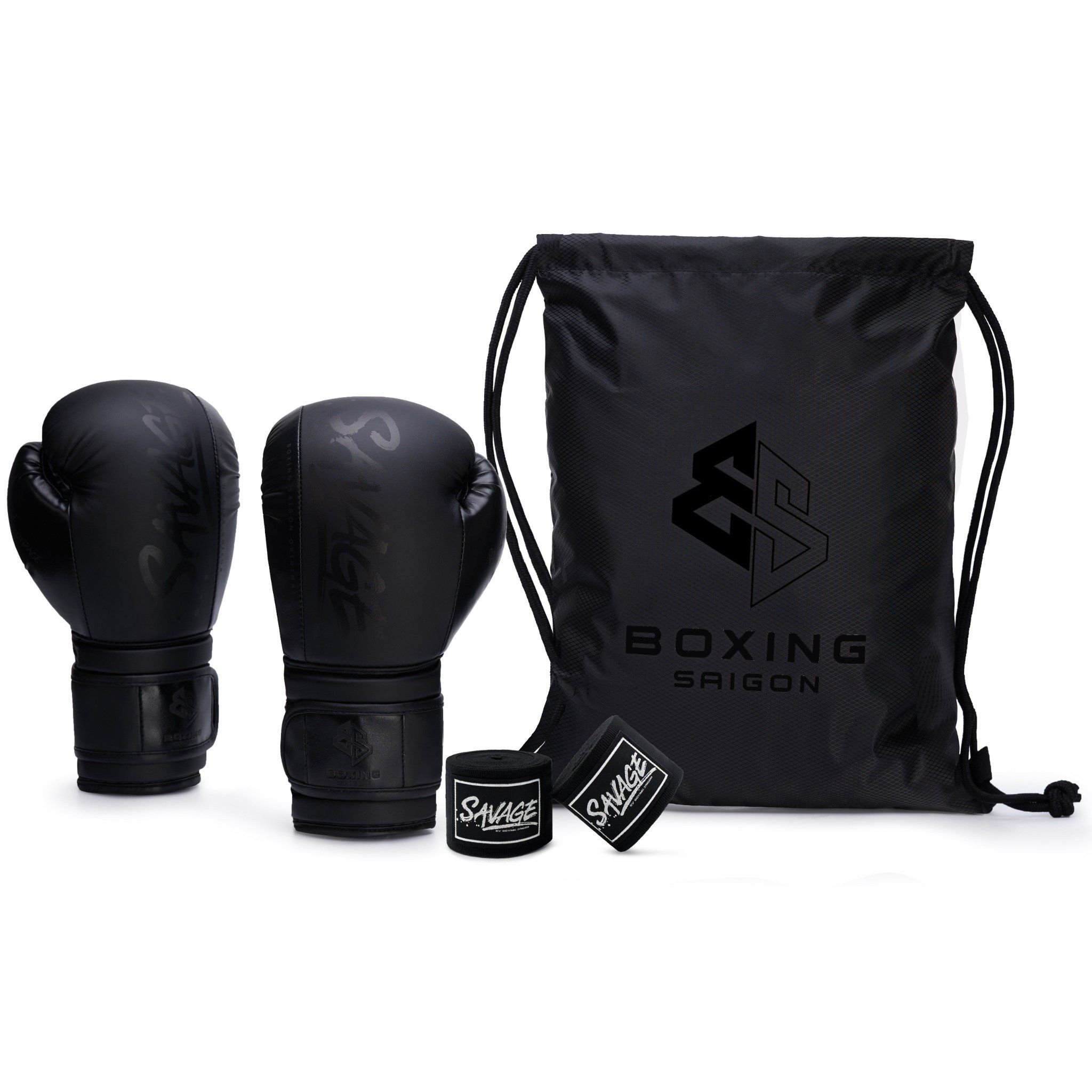 Combo Găng Tay Boxing Saigon Savage + Băng Tay Savage 5m - All Black