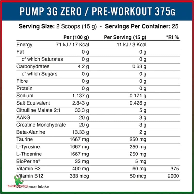 Tăng Sức Mạnh PUMP ZERO CAFFEINE Pre-Workout Applied Nutrition 375g (25 servings)