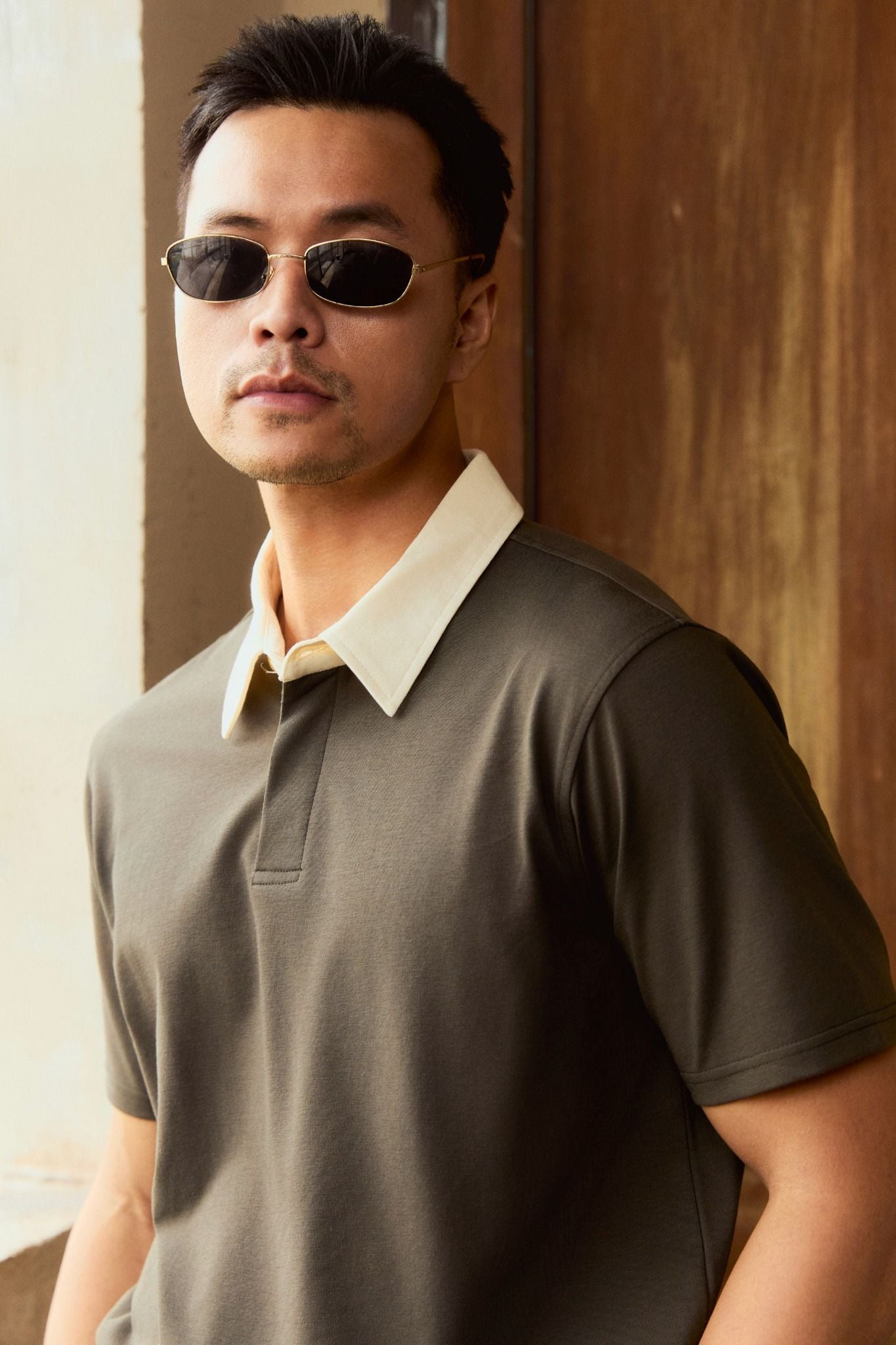 Áo Polo Beige Mixed Collar Cool Fab