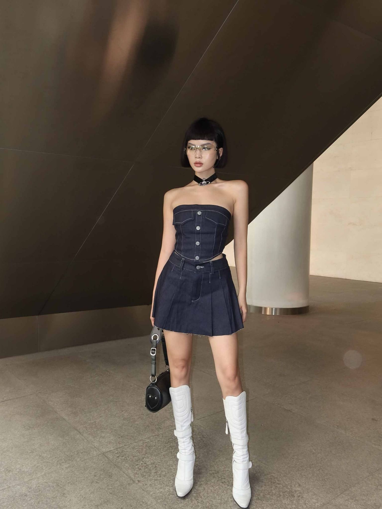 Set Tube Top Pleat Skirt Denim