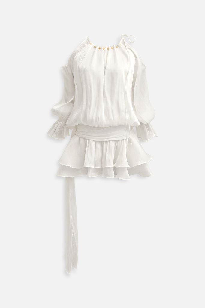  Đầm Ngắn Ivory Off-Shoulder Silk 