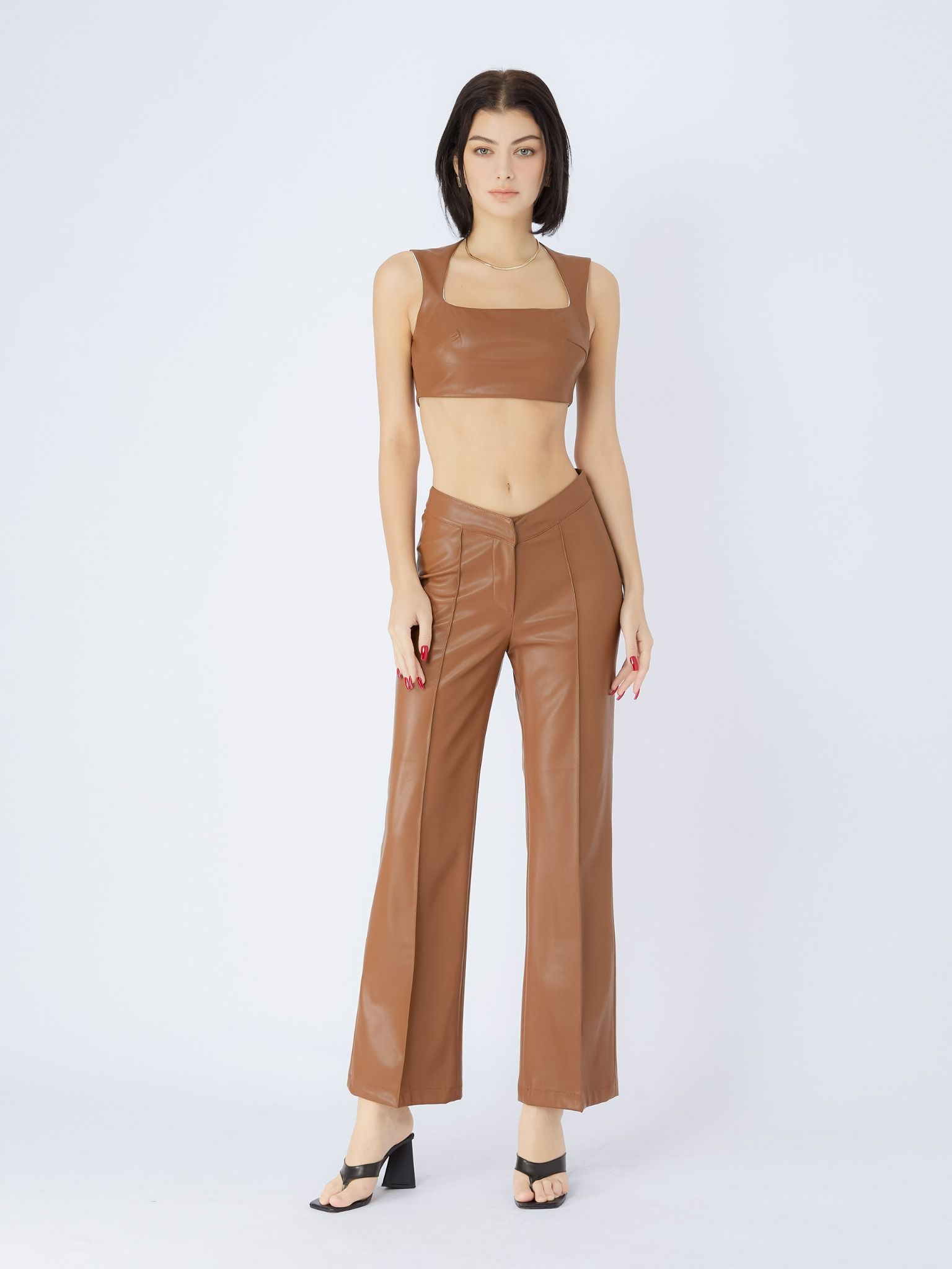 Quần Dài Da Waistband Wide Leg