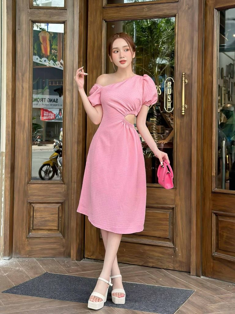  Đầm Dài Side Shoulder Cutout 