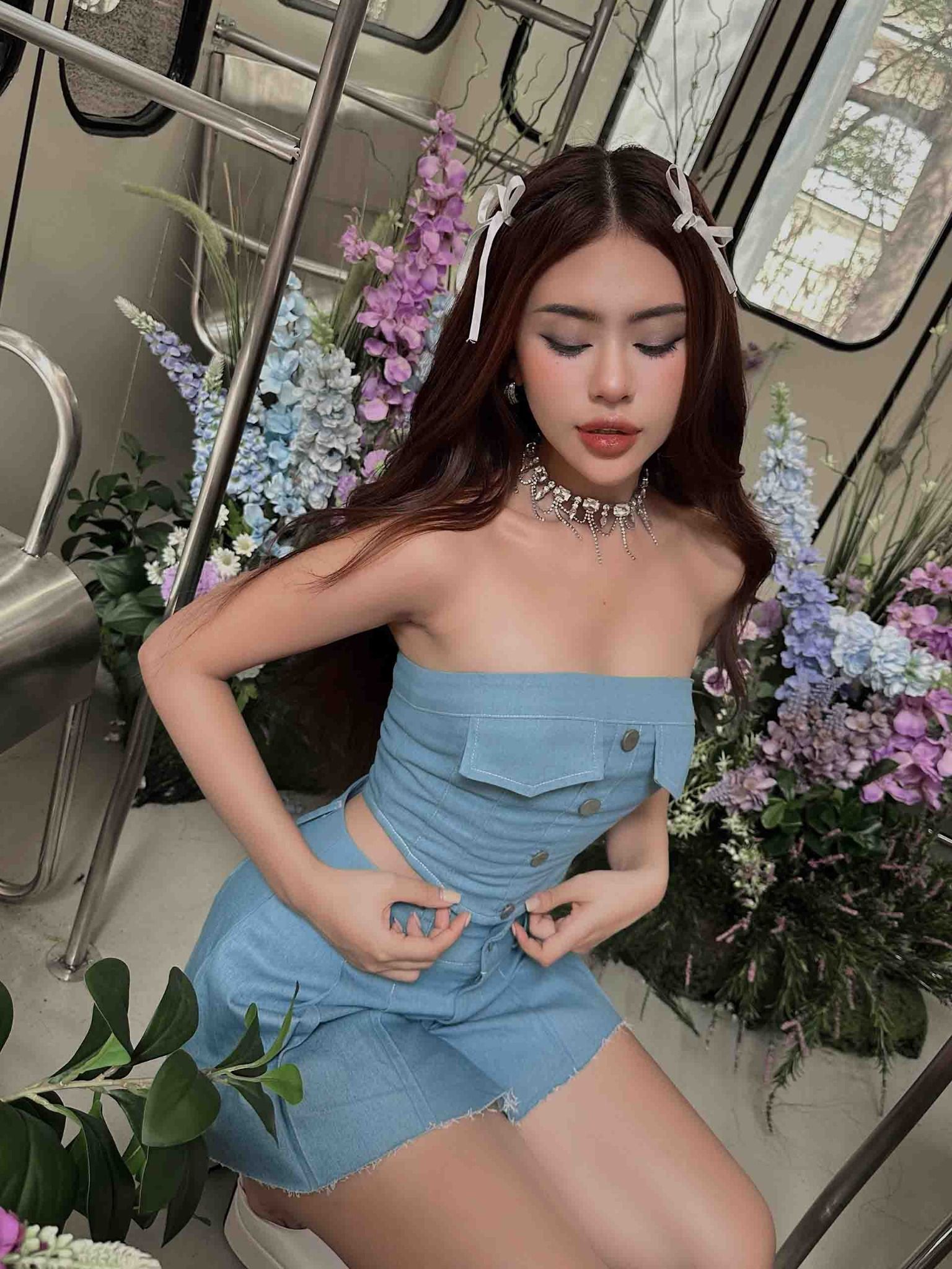 Set Tube Top Pleat Skirt Denim