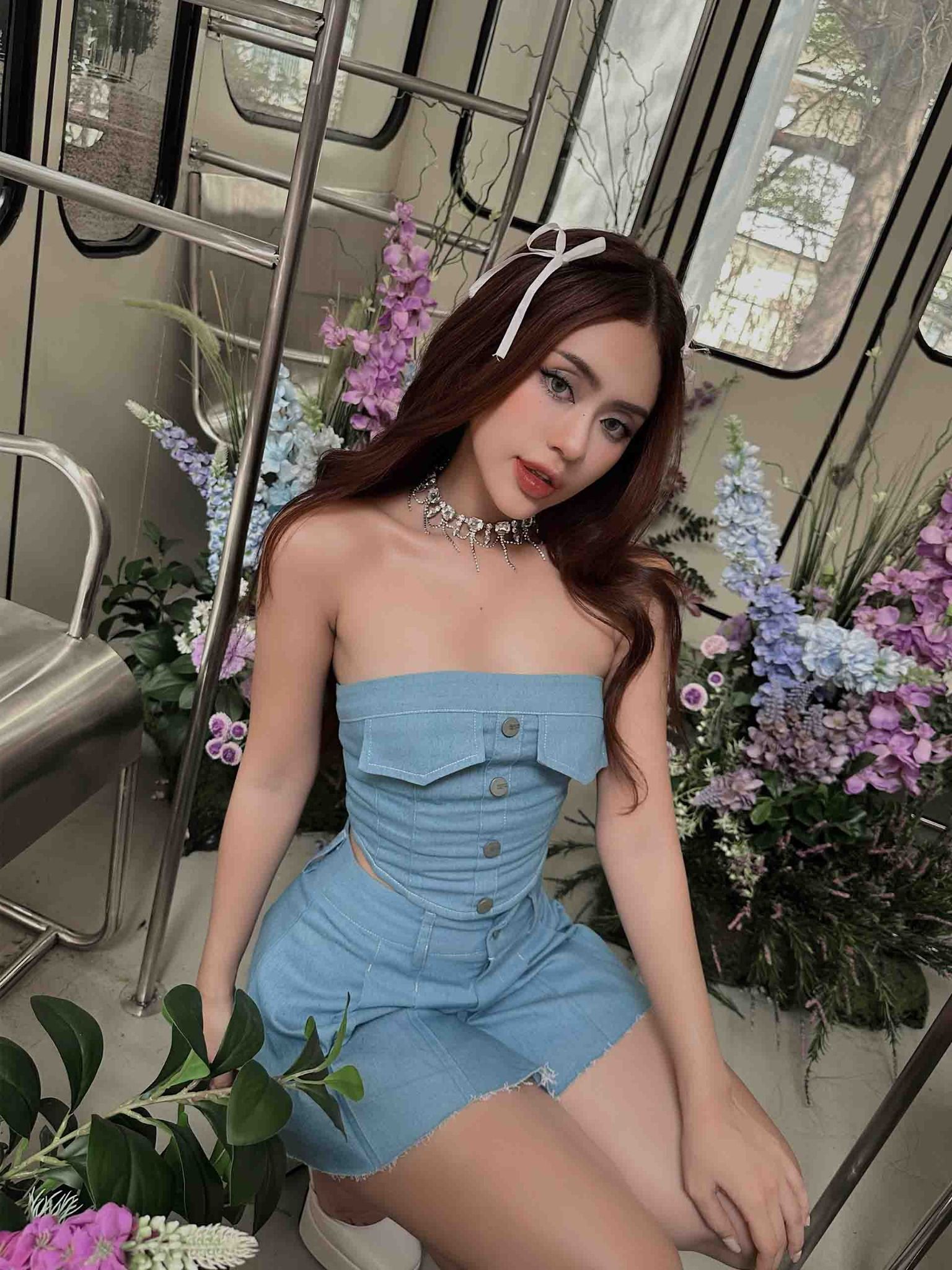 Set Tube Top Pleat Skirt Denim