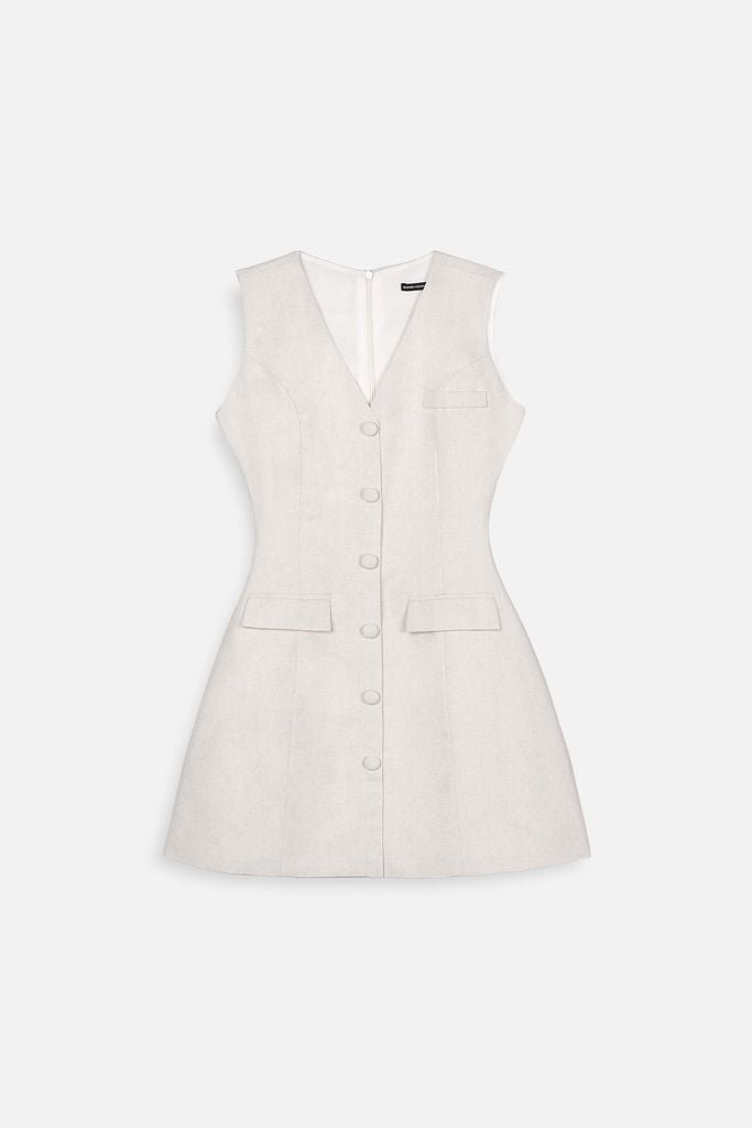  Đầm Ngắn Linen Vneck Buttons 