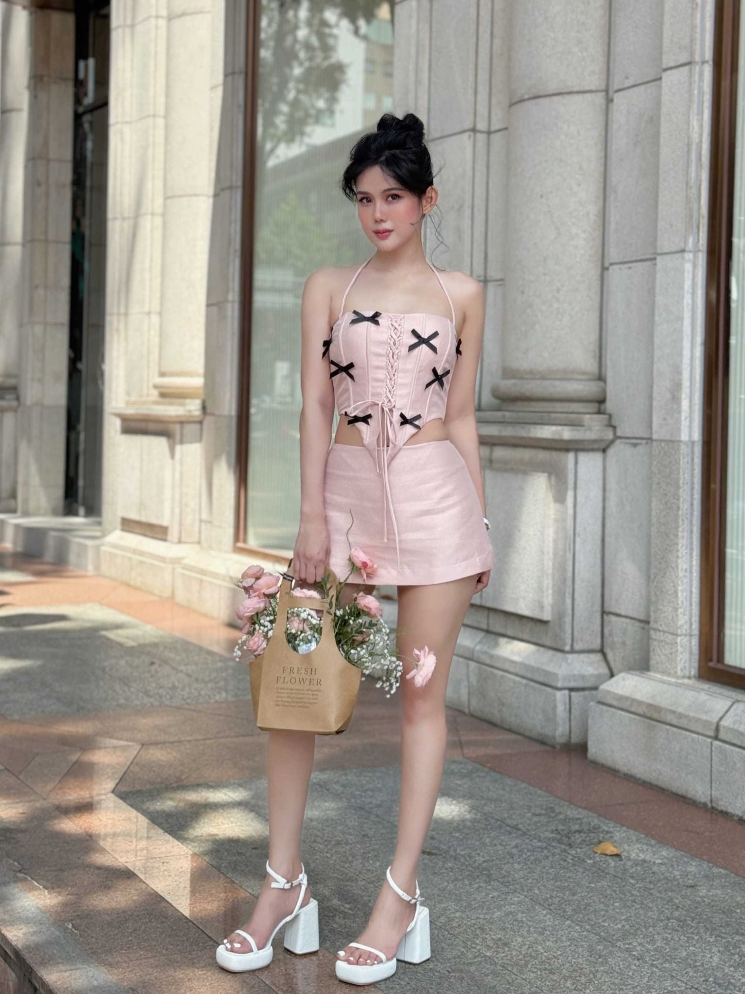  Set Áo Crop Bowtie String Short Skirt 