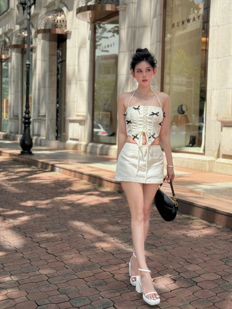  Set Áo Crop Bowtie String Short Skirt 