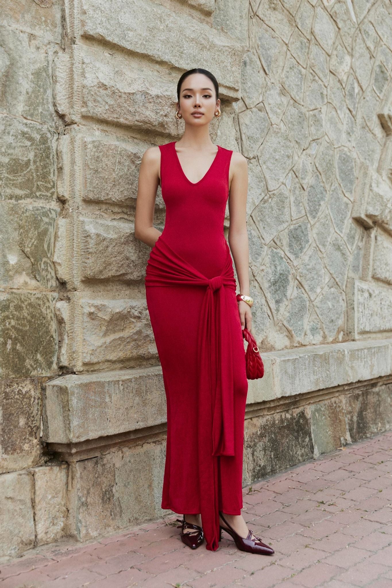  Đầm Dài Sleeveless Wrap Waist 