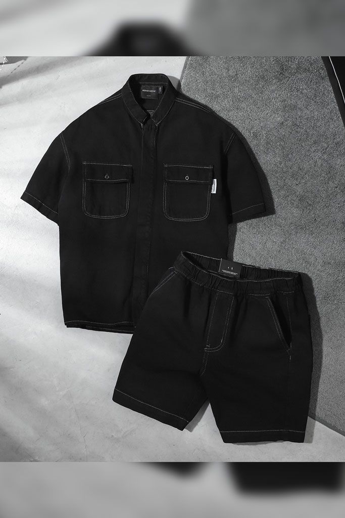 Set Shirt Short Denim Stand Col