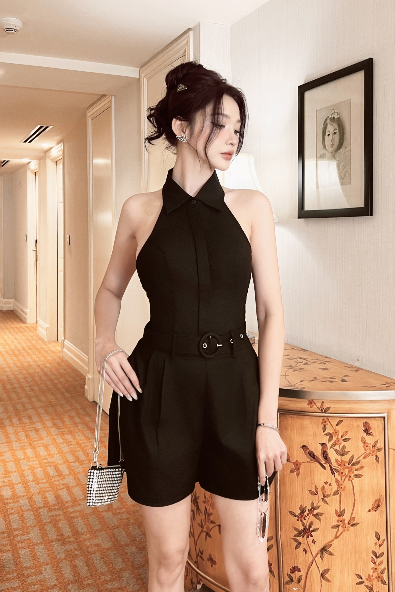 Fashion High Collar Lantern Sleeve Casual Loose Pure Color Jumpsuit