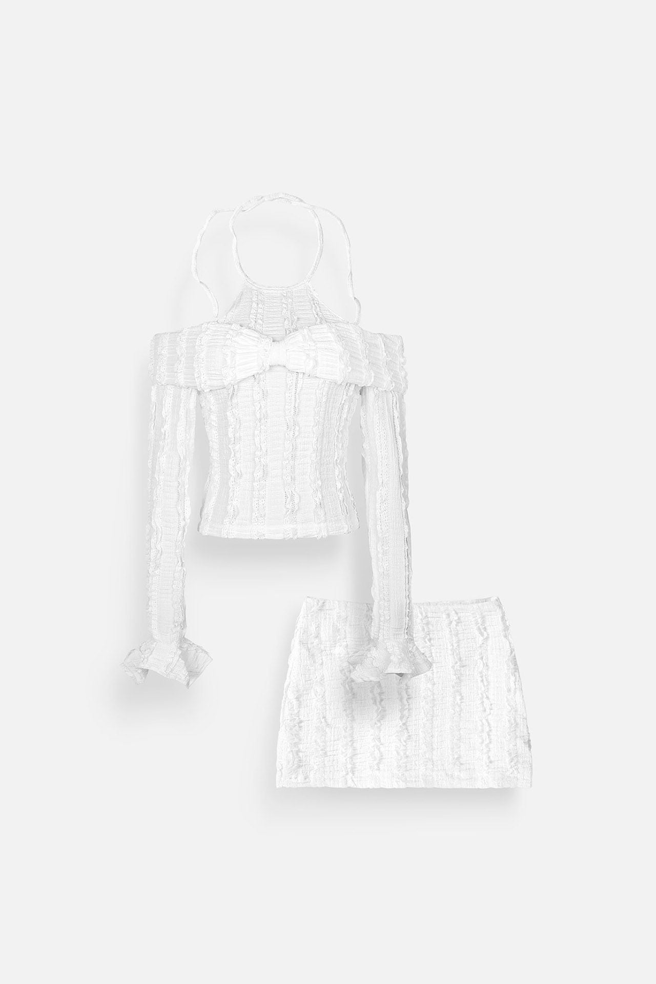 Set Áo Crop Bowtie Shoulder Short Skirt