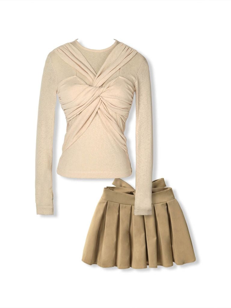 Set Áo Long Sleeves Short Pleat Skirt 