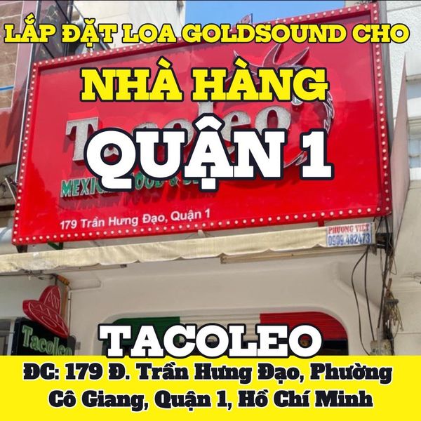 Loa Goldsound cho nhà hàng TacoLeo, TP.HCM, 1 amply không dây A57, 8 loa không dây V57 - 57w, loa được thiết kế riêng cho quán, bật lớn không tạp âm, miễn phí công lắp đặt, bảo hành dài hạn 5 năm