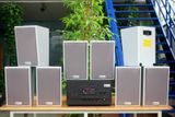 Loa treo tường, phát nhạc nền thông báo: Amply A907W Goldsound 900w + 8 loa Goldsound V58C 58w, loa được thiết kế riêng cho quán, bật lớn không tạp âm, miễn phí công lắp đặt, bảo hành dài hạn 5 năm.
