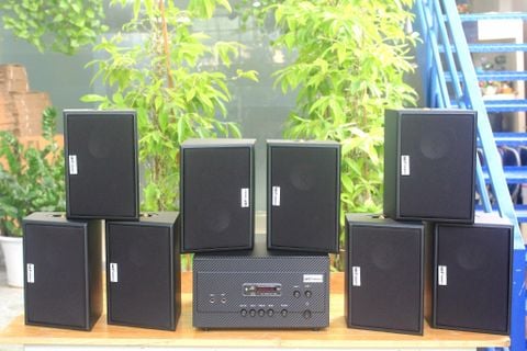 Dàn loa treo tường thông báo phát nhạc nền tự động: A907 Goldsound 2 vùng âm lượng 900w + 8 loa Goldsound ngoài trời V50NT 50w, loa được thiết kế riêng cho quán, bật lớn không tạp âm, miễn phí công lắp đặt, bảo hành 12 tháng