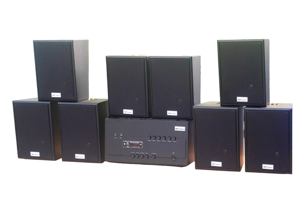 Dàn loa treo tường thông báo, phát nhạc nền tự động: Amply A1800 Goldsound 6 vùng âm lượng 1800w + 8 loa Goldsound V55C 55w, Amply 4 - 6 vùng âm lượng, loa được thiết kế riêng cho quán, bật lớn không tạp âm, miễn phí công lắp đặt, bảo hành dài hạn 5 năm