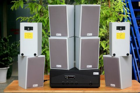 [Diện tích 160m2 + 02 Kênh] Amply A918_TH Goldsound 2 vùng âm lượng  1200w + 8 loa Goldsound V58C_TH 58w, loa được thiết kế riêng cho quán, bật lớn không tạp âm, miễn phí công lắp đặt, bảo hành dài hạn 5 năm.