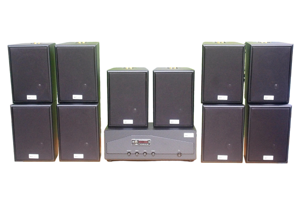 Dàn loa treo tường thông báo, phát nhạc nền tự động: Amply A918 Goldsound 2 vùng âm lượng 1200w + 10 loa Goldsound V55C 55w, loa được thiết kế riêng cho quán, bật lớn không tạp âm, miễn phí công lắp đặt, bảo hành dài hạn 5 năm